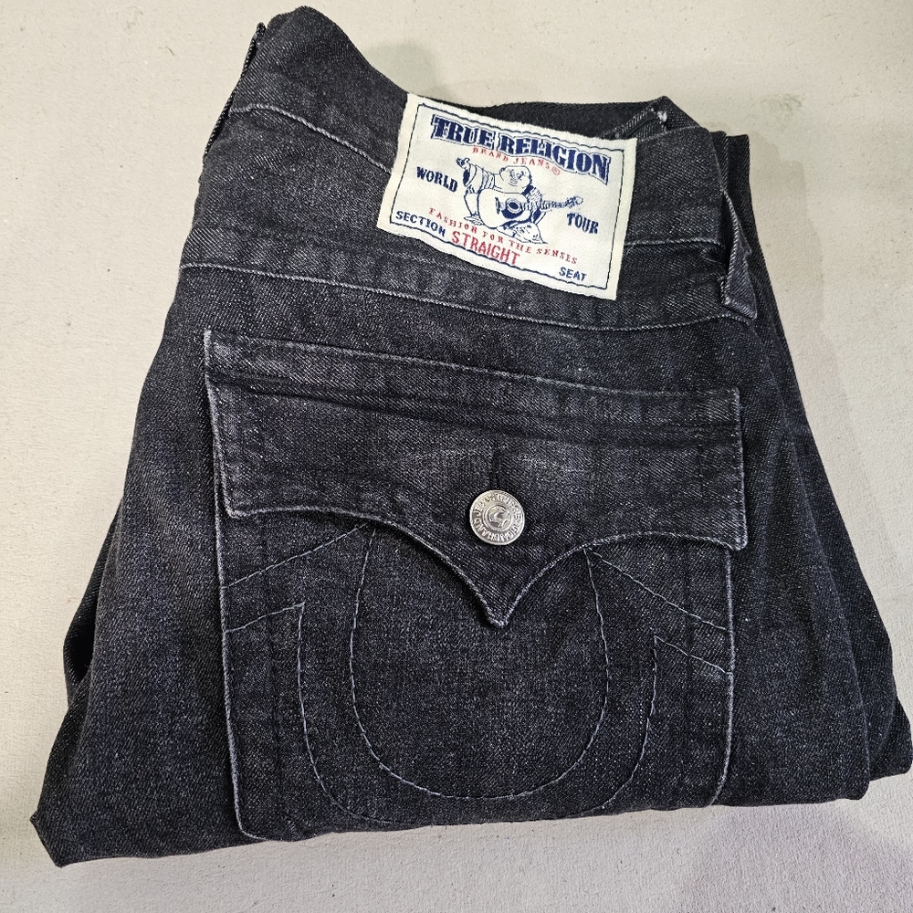 True Religion Straight Leg Jeans Size 32" Inseam 32" Black w/Black Stitch - Picture 5 of 16